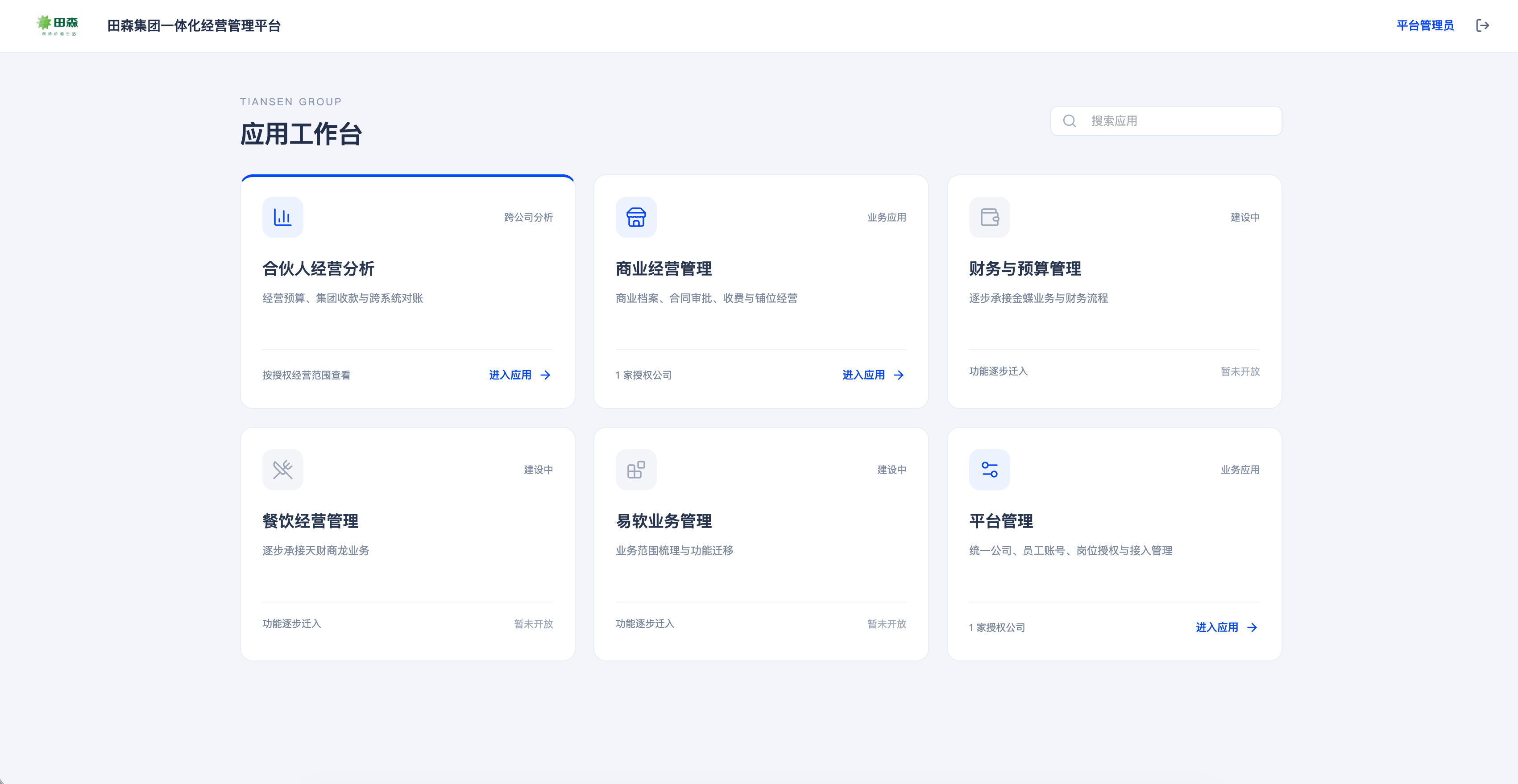 田森集团一体化经营管理平台的应用工作台